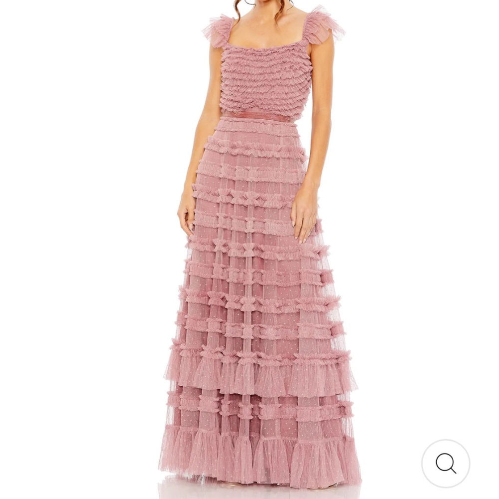 MAC DUGGAL RUFFLE CAP SLEEVE EMBELLISHED TIERED GOWN